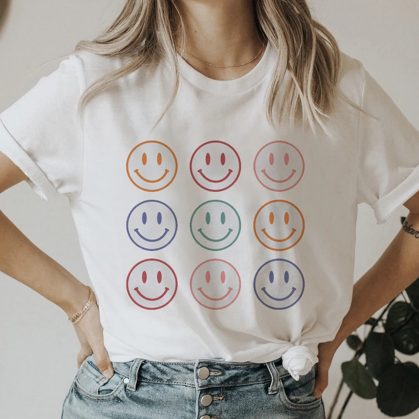 

Smiley Funny Graphic Print T-shirt Women Harajuku Aesthetic White Tops Casual Tshirt 2022 New Summer Fashion Y2k Female T Shirt