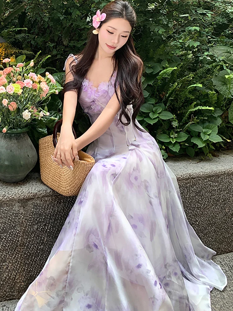 Женское шифоновое платье-макси на бретельках фиолетовое повседневное