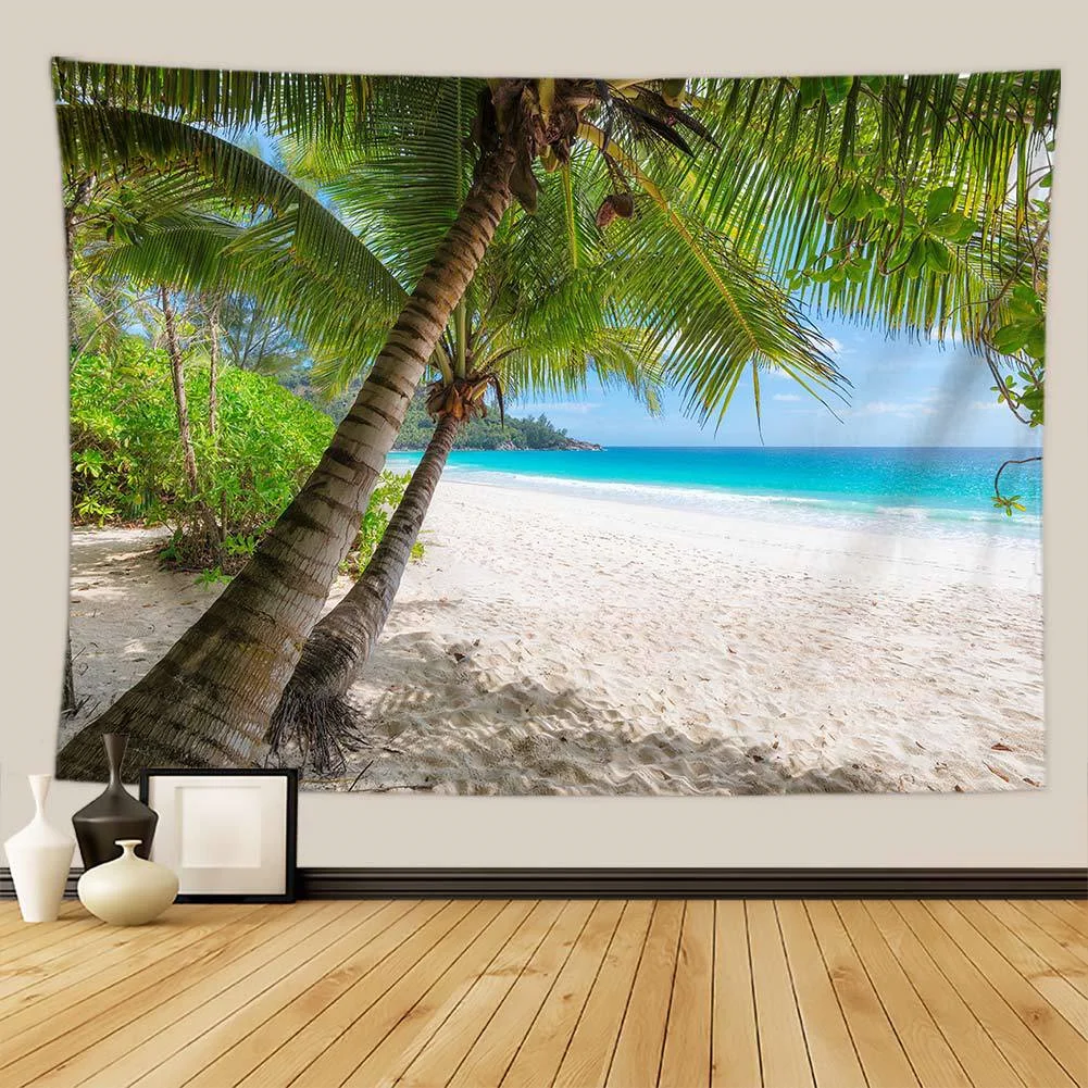 Настенный гобелен с изображением солнечного зеленого пальмы на пляже недорогой