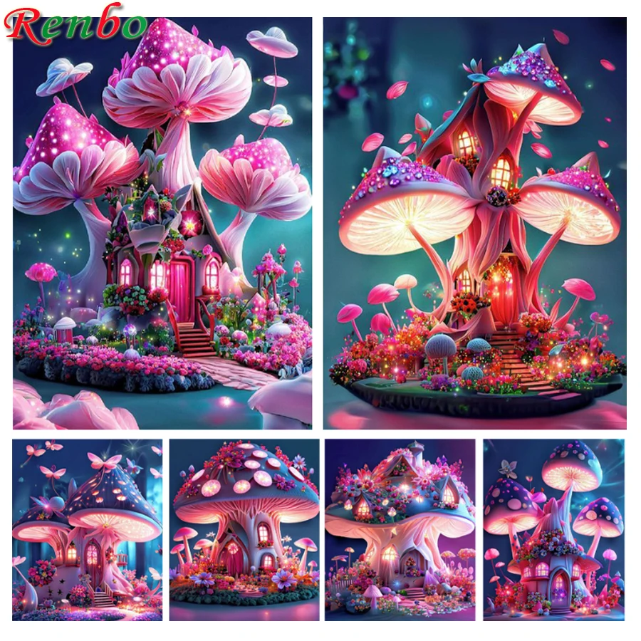 

Новое поступление, алмазная живопись, дом мечты с розовыми грибами, вышивка крестиком, фантазия, Шипованная мозаика, алмазная вышивка, домашний декор