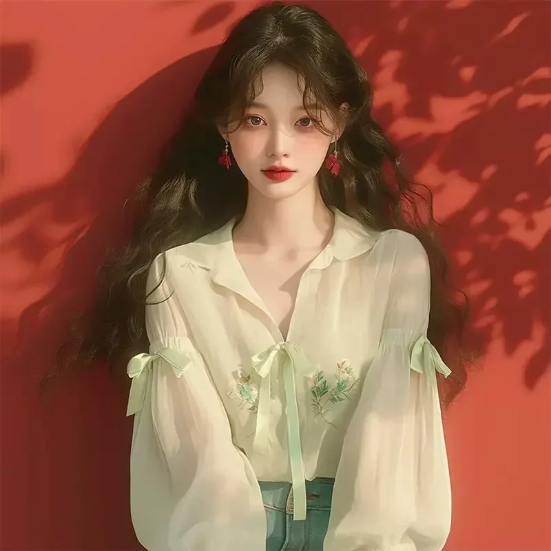 Шифоновая женская рубашка в китайском стиле летняя новая однотонная Корейская