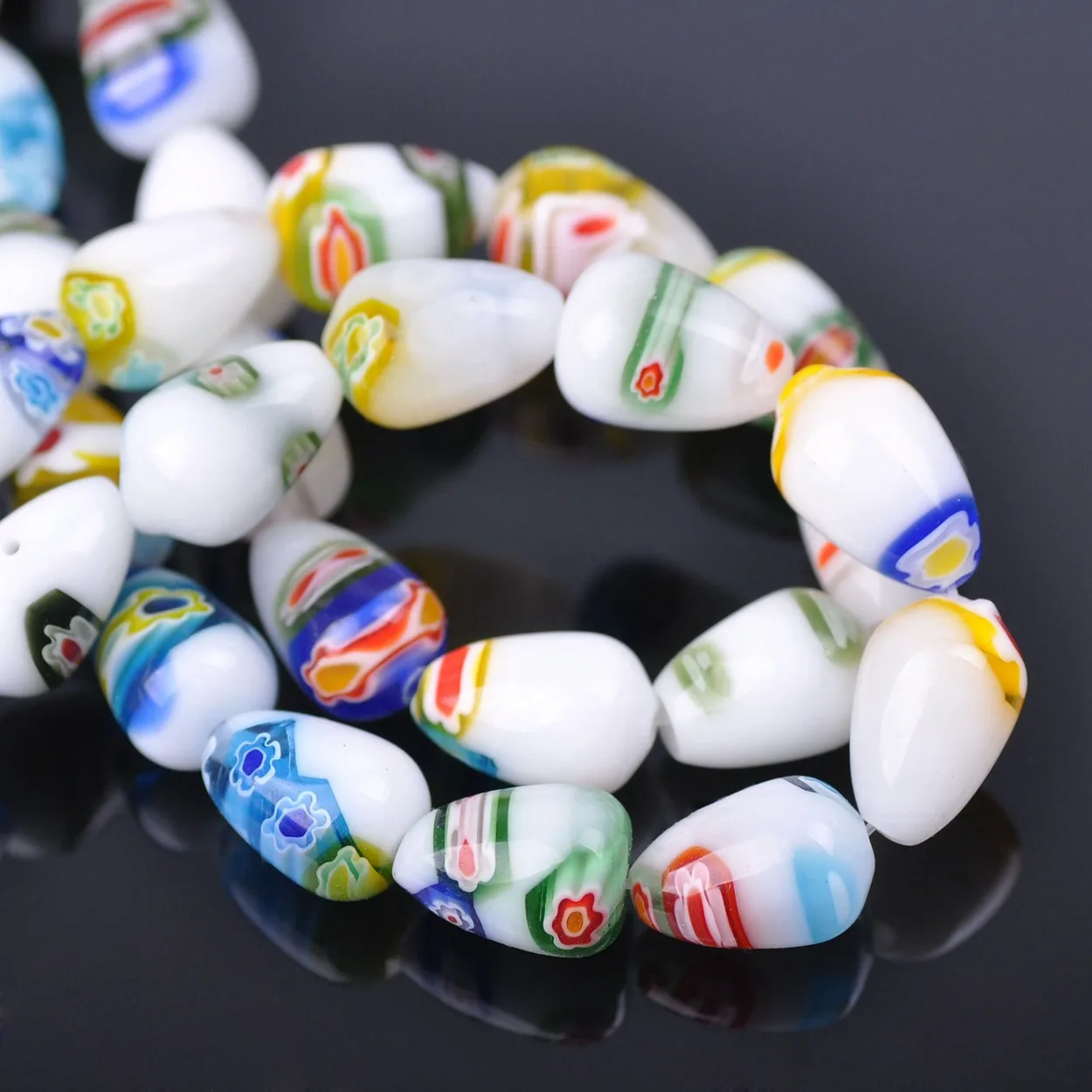 10pcs Random Mixed Flower Patterns 10x14mm Teardrop Shape Millefiori Glass Lampwork Loose Beads For Jewelry Making DIY Findings