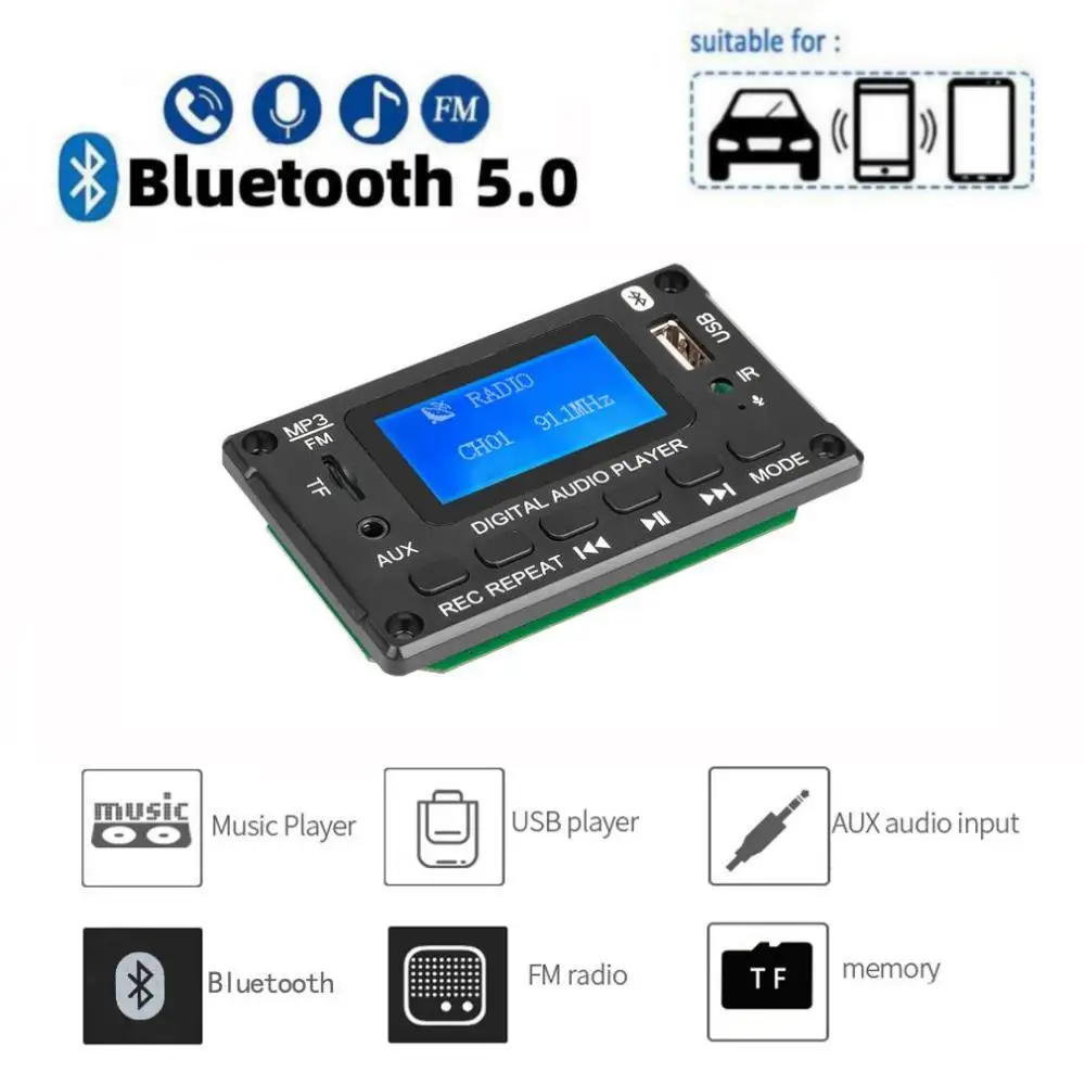 DC 5V 12V LCD Bluetooth 5,0 MP3 декодер плата аудио DAC USB плеер WMA APE без потерь декодирование с лирикой дисплей Запись TF FM