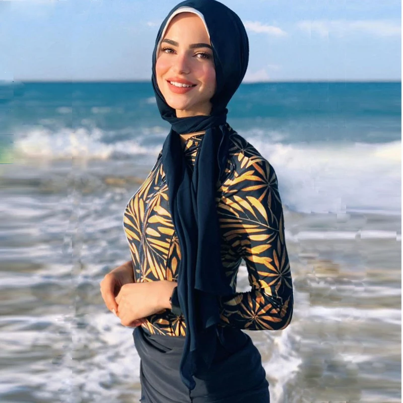 

3 Piece Swimsuit Muslim Swimwears Women's Printed Plain Patchwork Hijab Long Sleeves Sports Islamic Burkinis Wear 2022 New Women