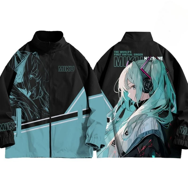 Фото Периферийная куртка Hatsune Miku Miku с воротником-стойкой на молнии, ветрозащитная теплая толстовка, двумерная одежда в стиле аниме №1