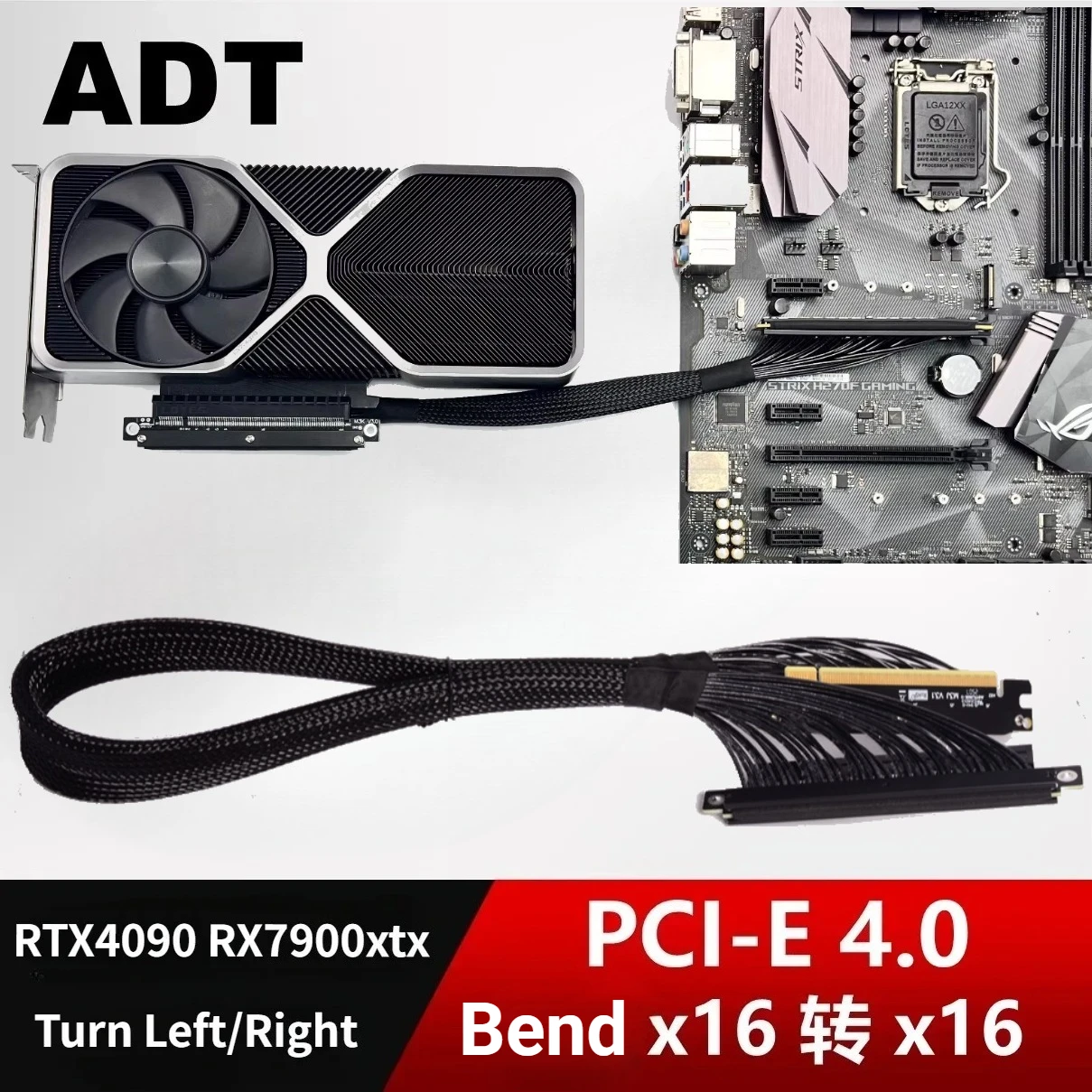 Фото ADT Новый двойной обратный маршрутизатор Кабель с правым и левым изгибом PCIE 4.0 x16 256 Гбит/с Удлинительный адаптер графического процессора для A4 ITX RTX 4090 RX7900xt №1