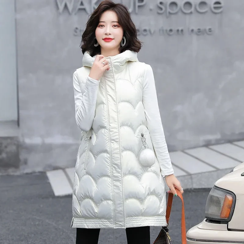 

Модный однотонный жилет средней длины с капюшоном, Женская зимняя новая Толстая теплая куртка без рукавов с карманами и хлопковой подкладк...