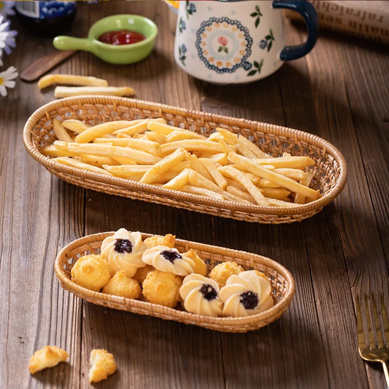 

2 Pcs Rattan Bread Basket Oval Hand-Woven Tea Tray Food Serving Platter for Dinner Parties Coffee Breakfast Tool Weaved Baskets