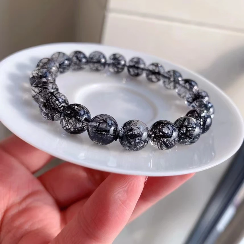 

Genuine Natural Black Rutilated Quartz Bracelet Bangle Women Men 9.5mm Clear Round Beads Best Wealthy Brazil AAAAAAA