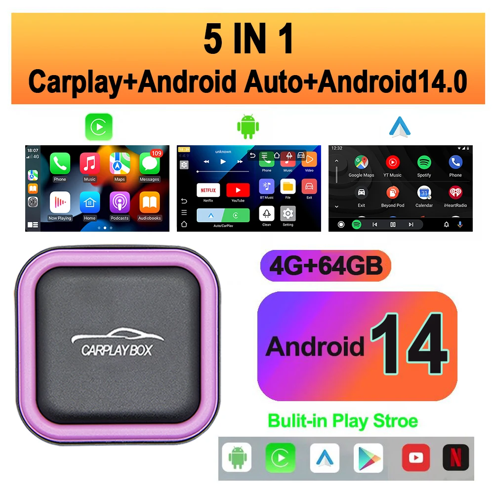 

Универсальный Беспроводной Адаптер Carplay 5-в-1 Android 14 Android Auto AI Box Со Встроенным Игровым Магазином Для YouTube N...