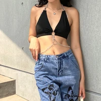 2021 new black sexy backless halter tops women deep v neck crop top tees with chains ladies summer y2k sleeveless camisole