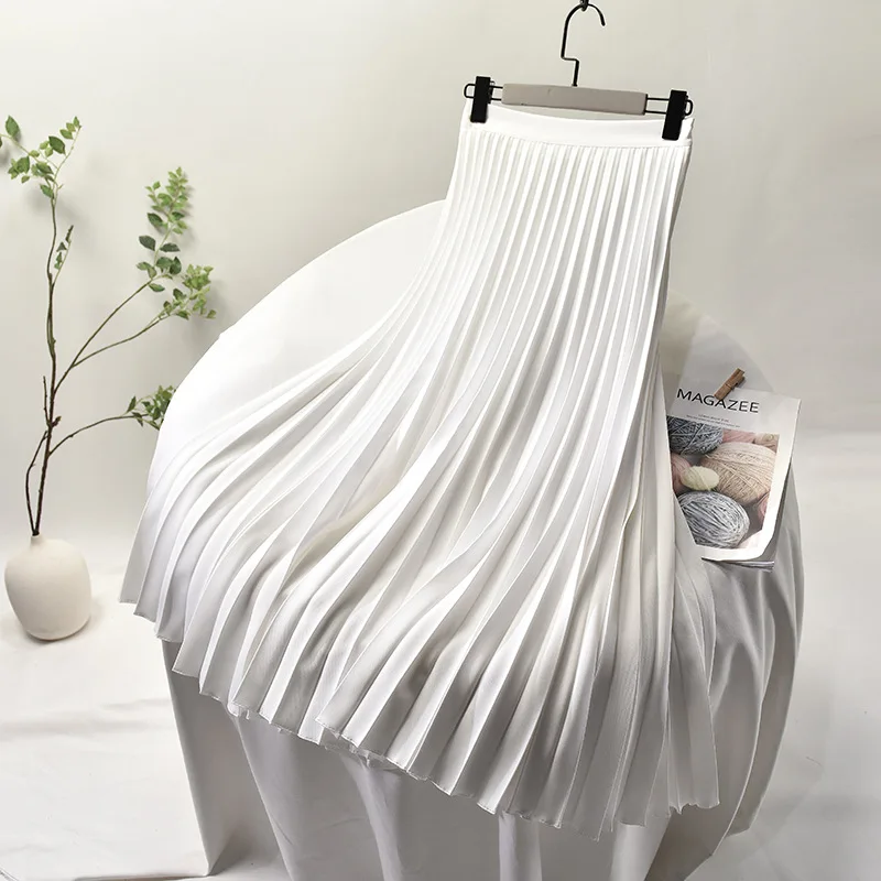

Women's Elegant Sector Pleated Twill Skirt With Chiffon Liner Female High Waist Side Zipper White Long Skirts 2022 Spring