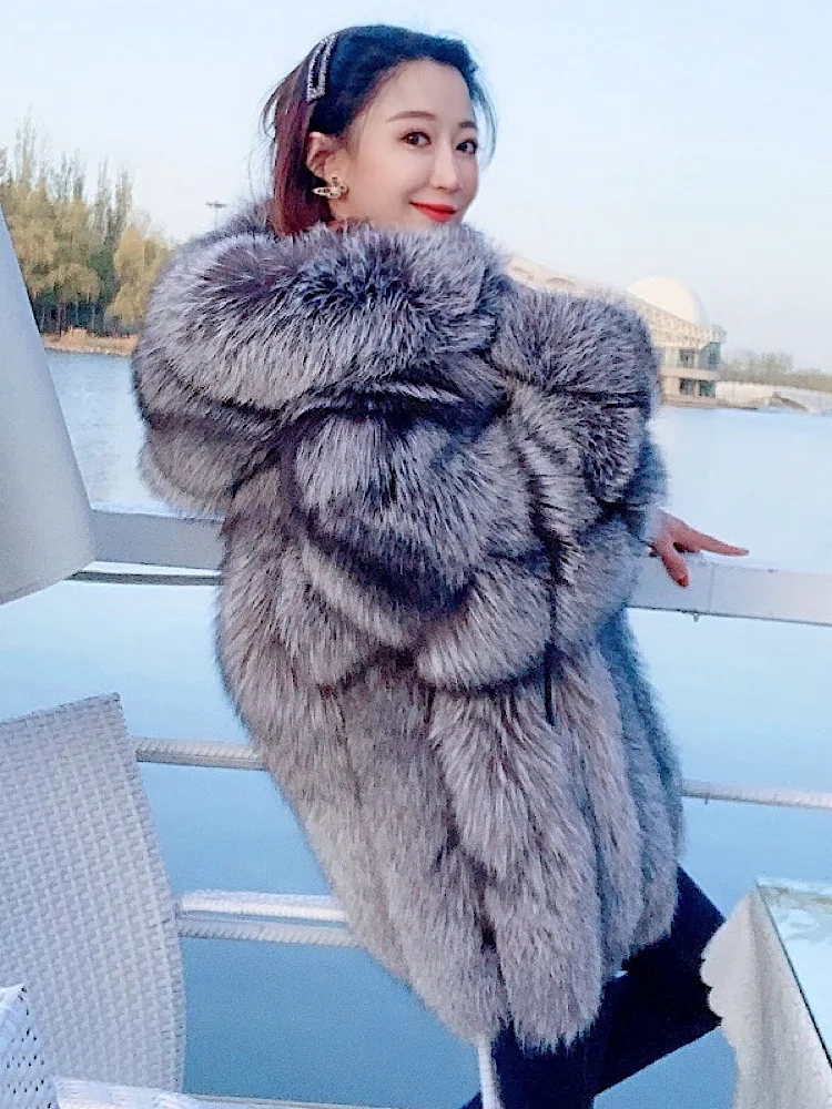 Silver Red Fox Fur Hooded Fur One-Piece Young Mid-Length Women's Fur Plush Coat Winter Large Size Winter Fox Fur Jacket Hood Coa
