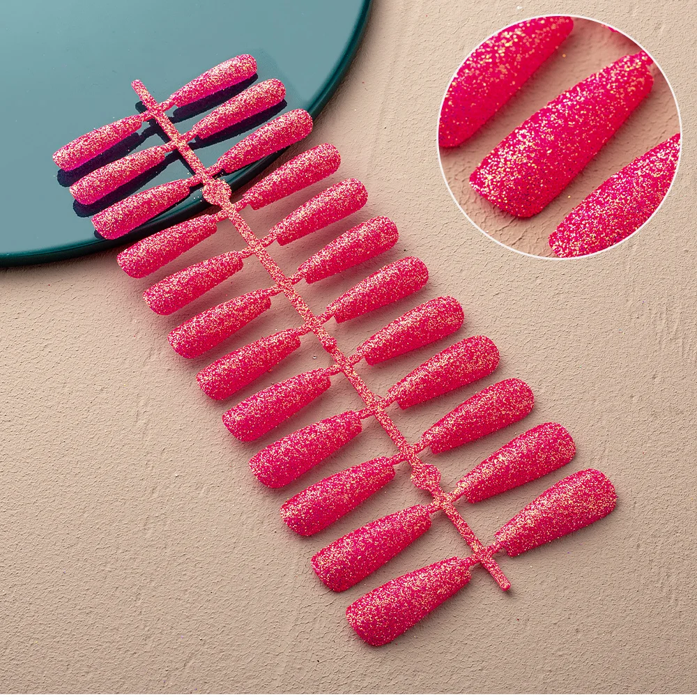 

24 Pcs/set Glitter Powder Fake Nails Detachable Reusable Long Ballerina Fake Nail Tips Nail Art ABS False Nails