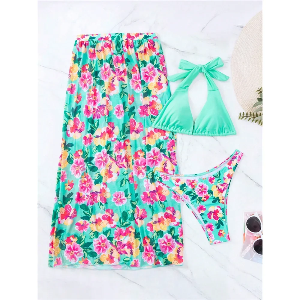 Сексуальное микро бикини из 3 предметов 2024 женский купальник с цветочными юбками