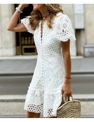 

Bohemian lace white dress 2023 Elegant sexy short sleeve o-neck button up hem ruffle bodycon mini dress