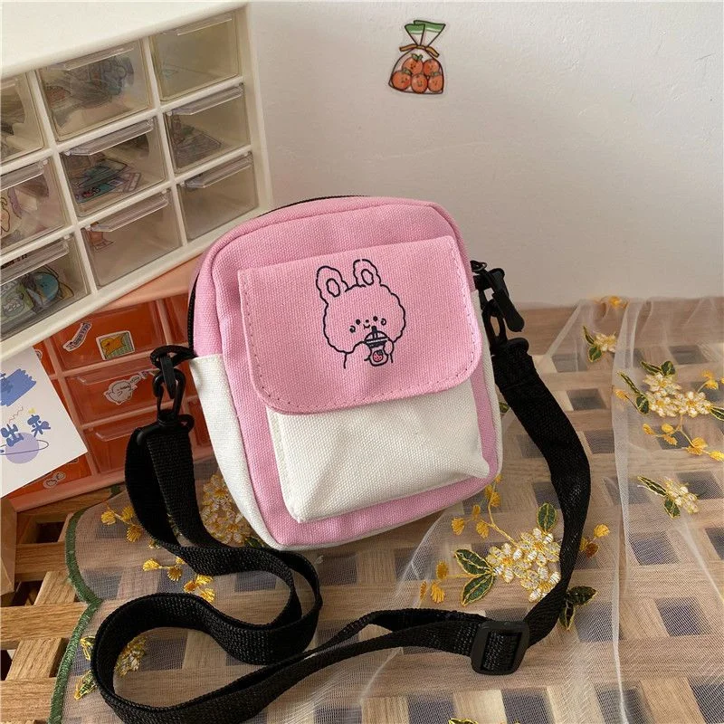 2023 New Canvas Women Phone Bag Cartoon Printed Shoulder Messenger Bag Hit Color Flap Purse Casual Handbag Female Shopping Bag