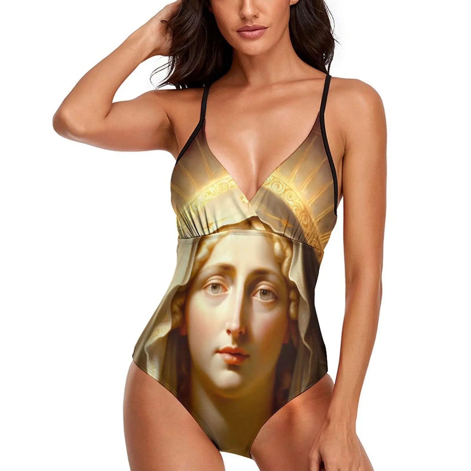 

Mother Virgin Mary Swimsuit Our Lady of Guadalupe Push Up Swimwear One-Piece Deep V Monokini Sexy Bodysuit Graphic Beachwear