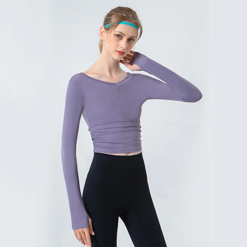 

Autumn and winter new yoga long-sleeved clouds skin-friendly tight-fitting navel sportswear V-neck slim pleated fitness gym top