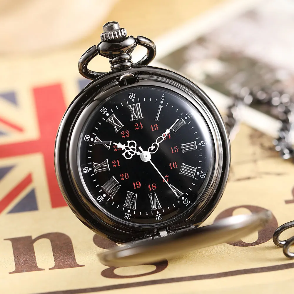 Vintage Black Smooth Hollow Mechanical Pocket Watch Male Clock Roman Skeleton Steampunk Pocket Watch Men Women Hanging Fob Chain
