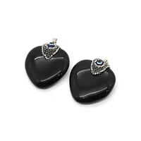 natural stone heart shape black agate pendants inlaid devils eye fine jewelry charms for diy making necklace earring accessory