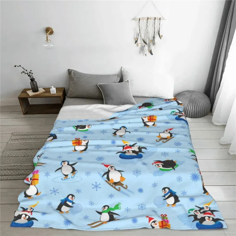 

Christmas Penguin With Snowflakes Blankets Fleece Spring Autumn Multifunction Lightweight Throw Blanket For Bed Travel Bedspread