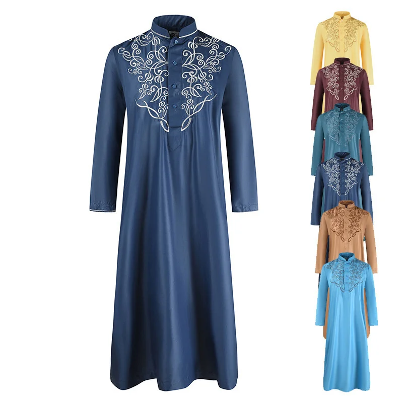 Abaya For Men Arabic Islamic Pakistan Men Robe Loose Spring And Summer New Solid Color Embroidery Muslim Long Sleeve Robe