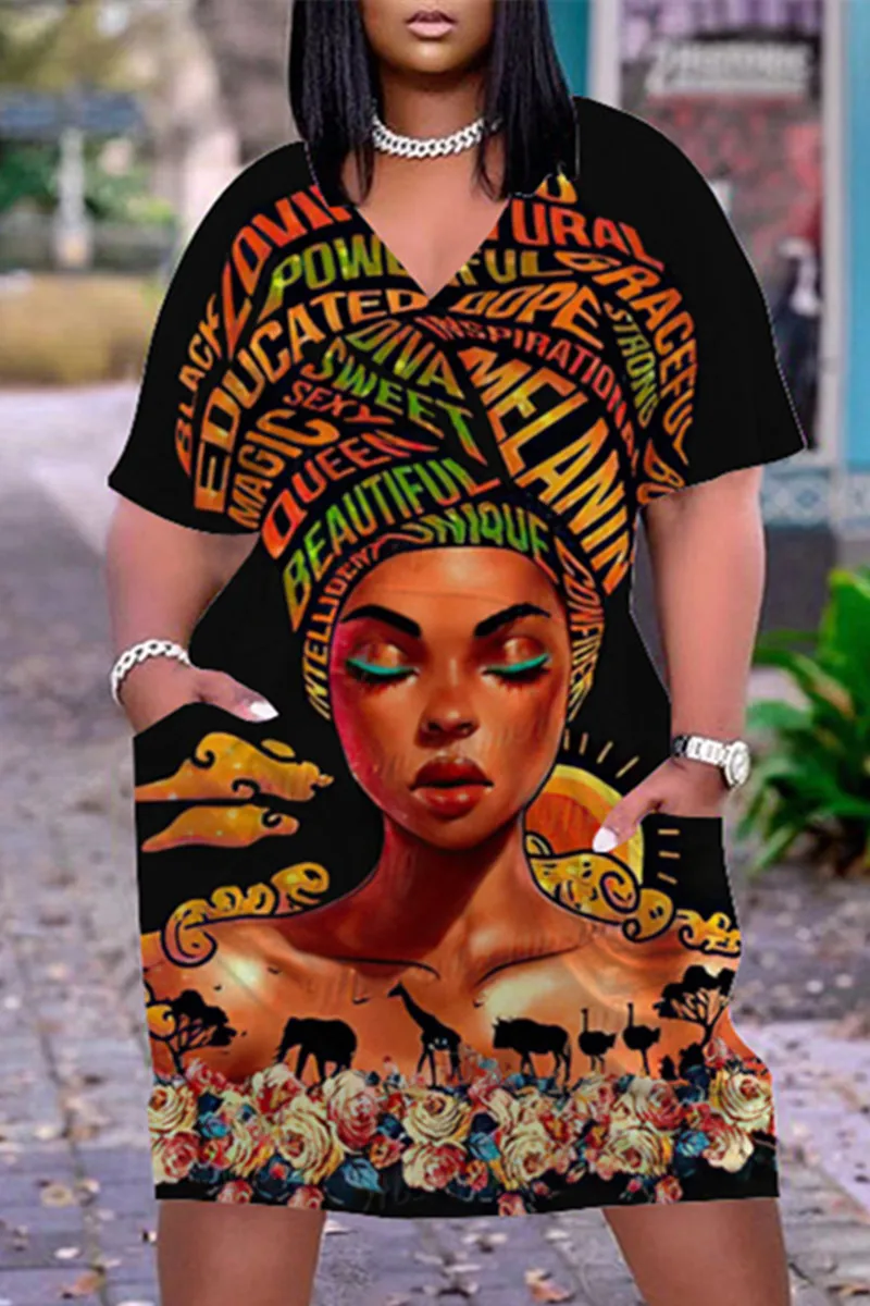 

Indian 3D Print African Girls Pocket Dress Women Short Sleeve Dresses Knee-length Bohemian Sexy V-Neck Female Midi Party Dresses