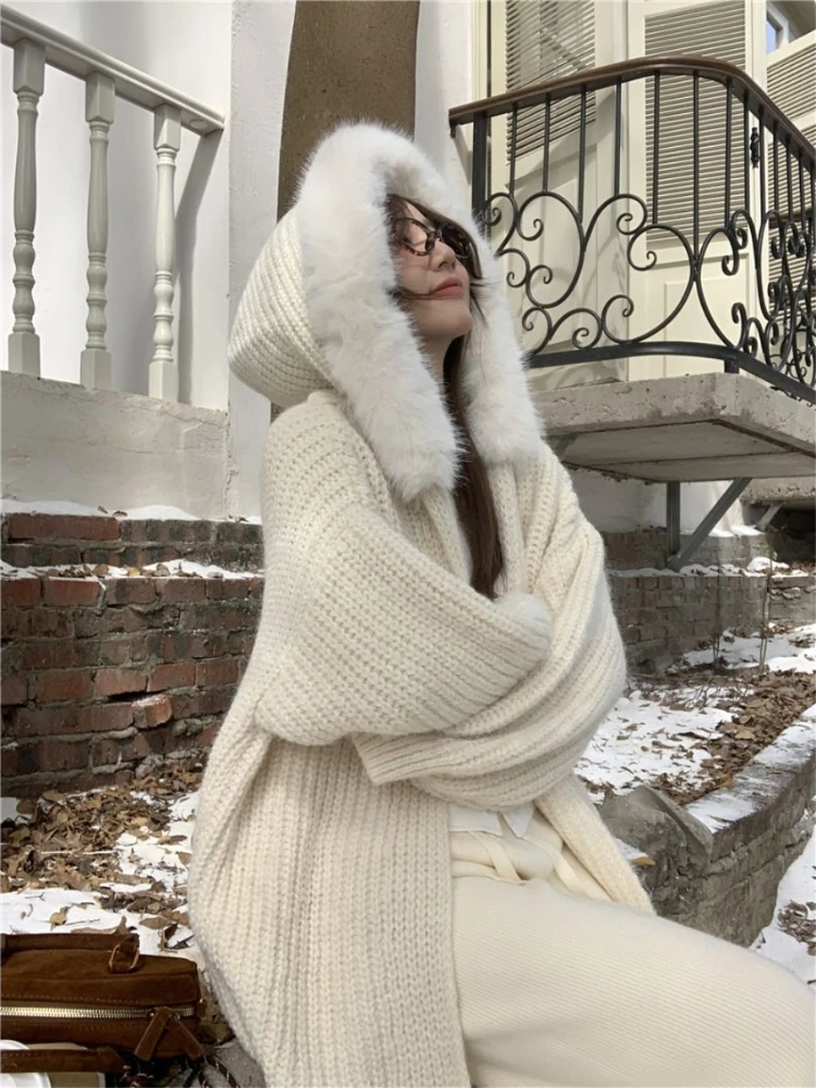 ADAgirl белый свитер с капюшоном женский вязаный кардиган длинными рукавами зимняя