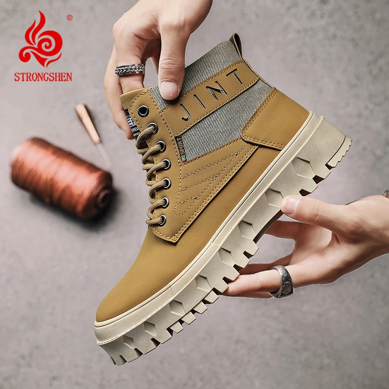 

STRONGSHEN Men High Top Canvas Boots Fashion Motorcycle Platform Casual Ankle Boots Men Military Winter Lace-Up Botas Hombre