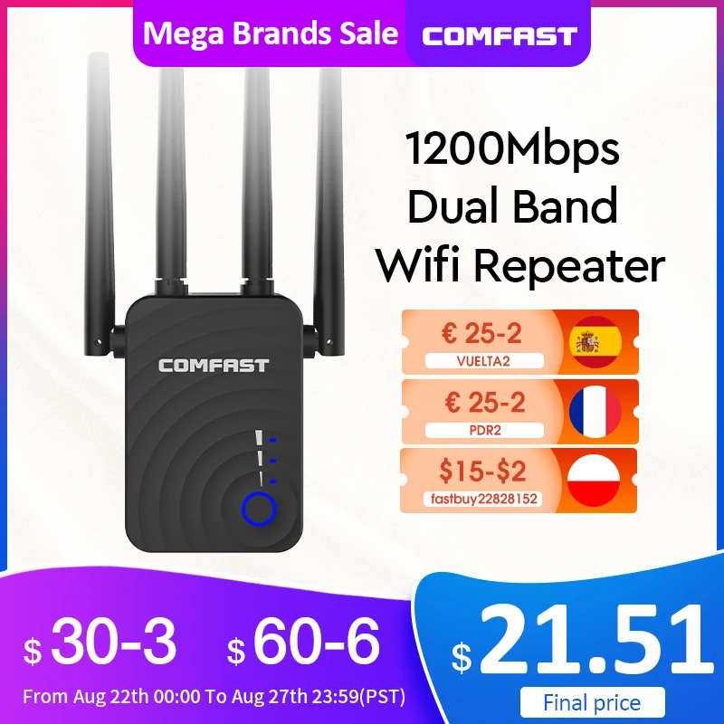 Comfast 1200Mbps Wireless Wifi extender Wifi Repeater/Router Dual Band 2.4&5.8Ghz 4 Wi fi Antenna long Range Signal Amplifier