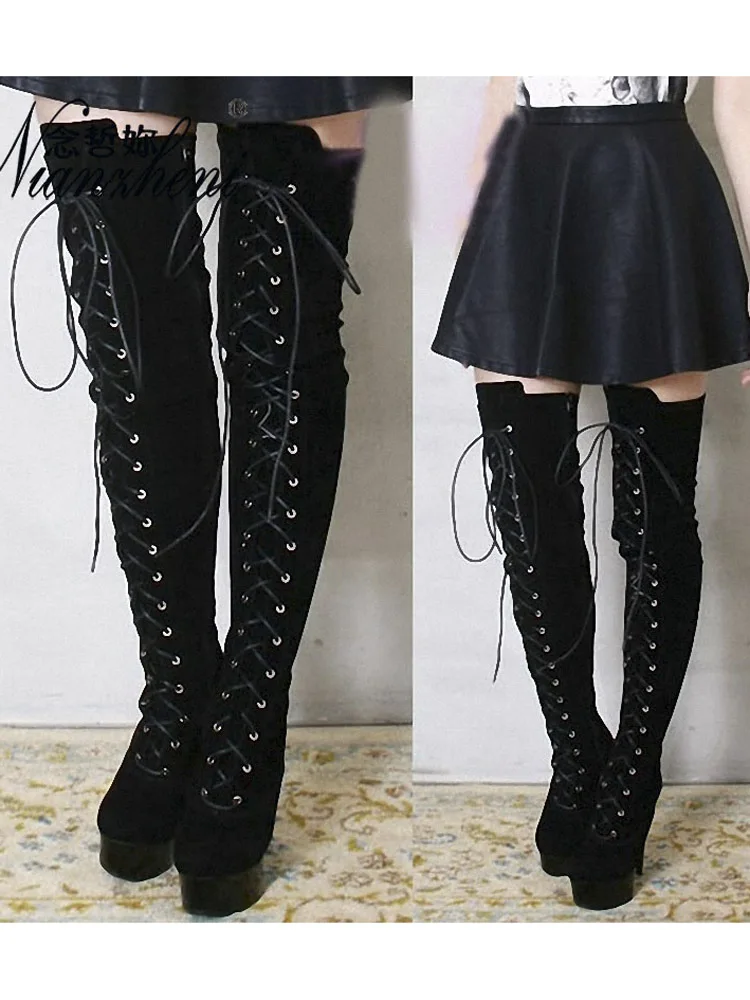 Winter Girl Female Work Shoes Flock Lace Up Thick Over The Knee Boots 6 Inch High Heel Boots Party Shoes 15cm Long Boots Stage