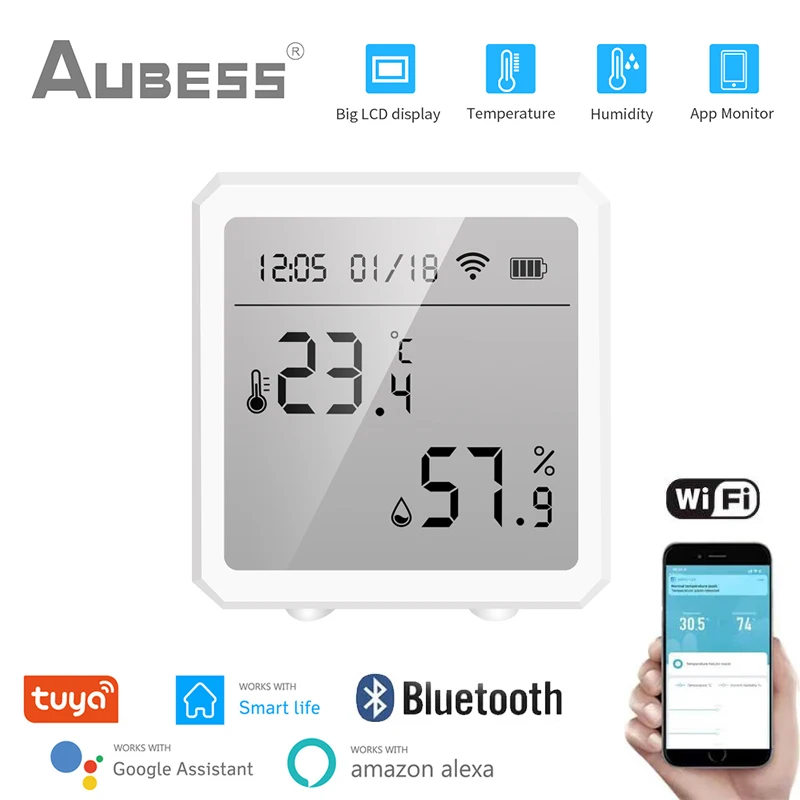 

Tuya WIFI+Bluetooth Temperature And Humidity Sensor Indoor Hygrometer Thermometer With LCD Display Works With Alexa Google Home