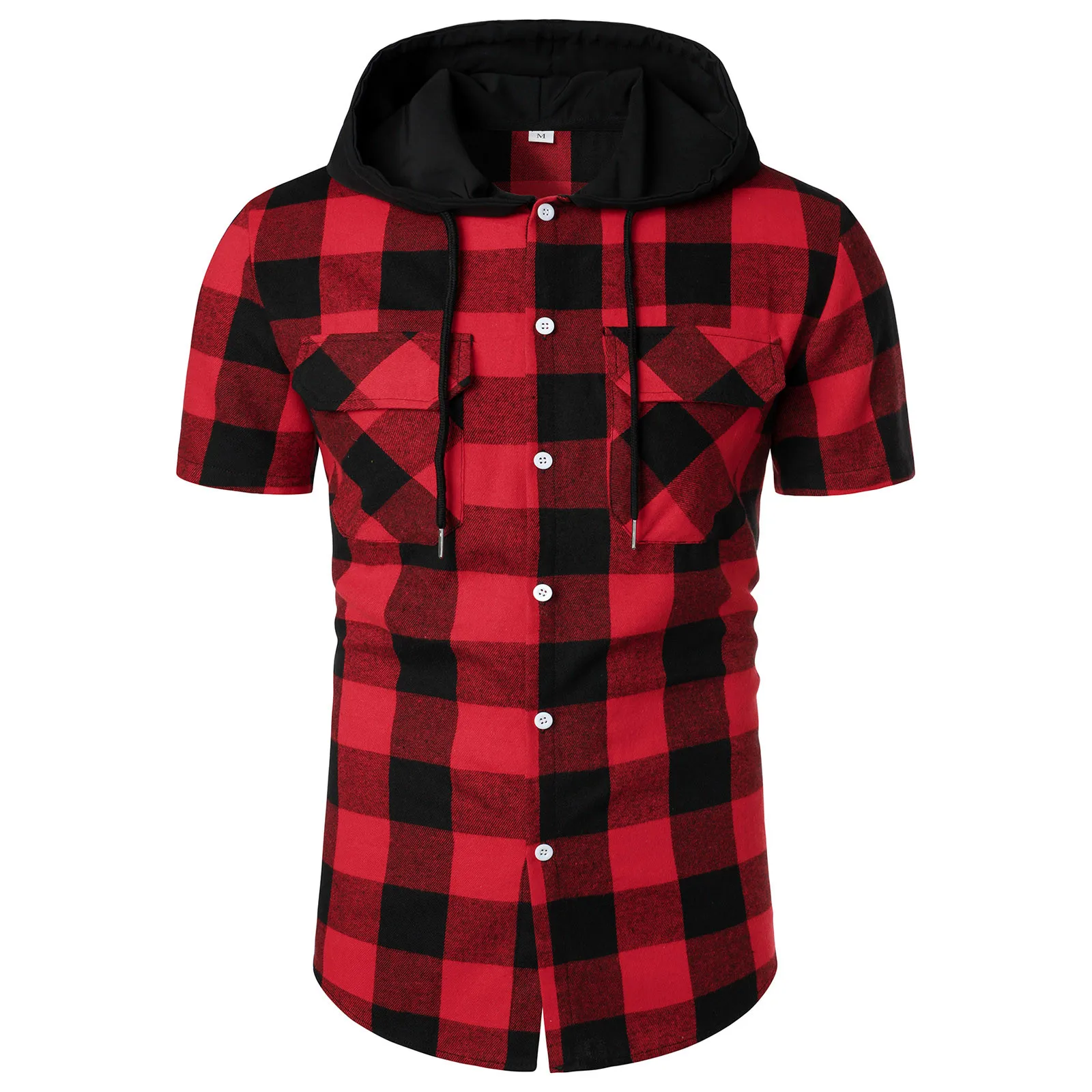 

Men Casual Plaid Print Shirt Hooded Collar Short Sleeve Shirt Blouse Turn Down Collar Breathable