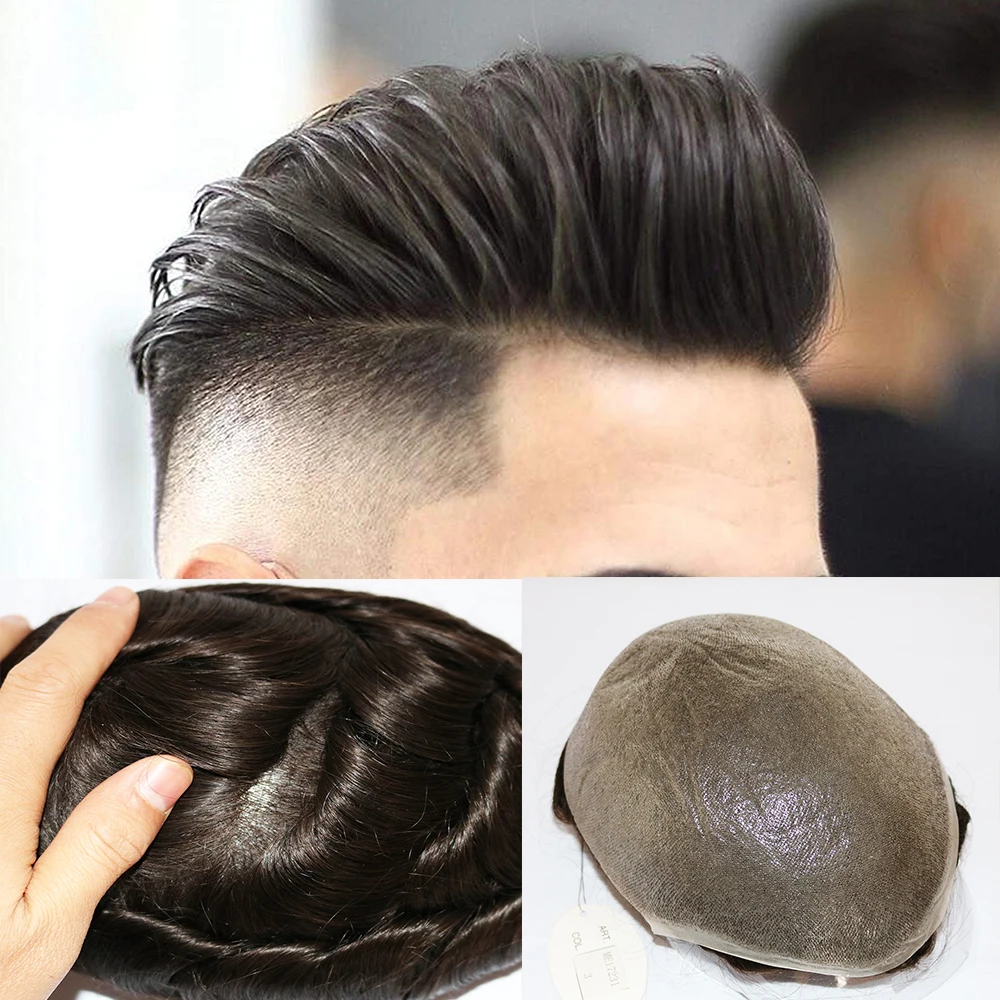 

Mens Toupee Human Hair Pieces, Hair Replacement System Wigs for Men, 0.06mm Thin Skin Hair