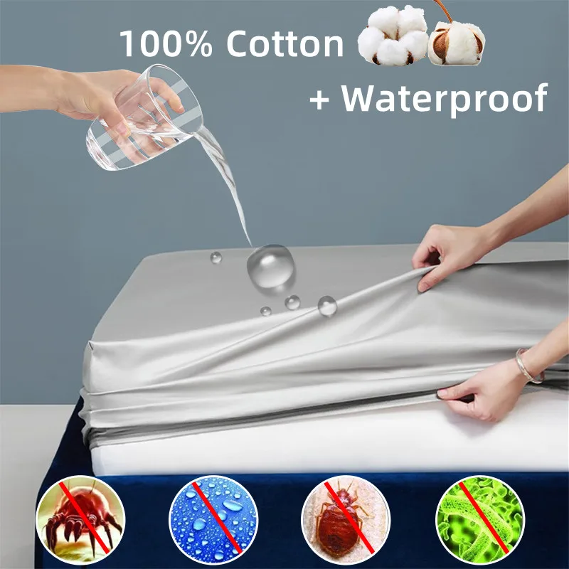 

100% Cotton Waterproof Fitted Sheet with Elastic Bands Non Slip Adjustable Mattress Covers for Single Double King Queen Bed