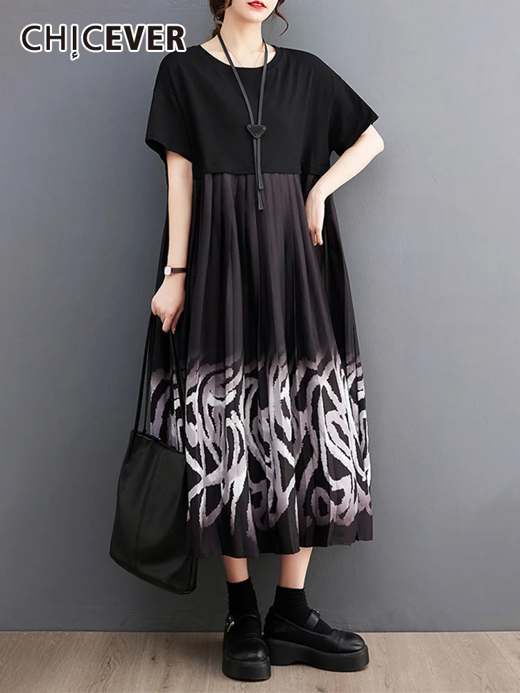 

CHICEVER Print Loose Dresses For Women Round Neck Short Sleeve High Waist Hit Color Patchwork Pullover Casual Dress Female New