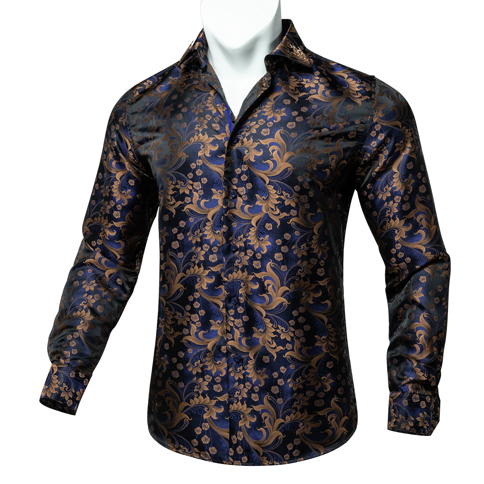 Man shirts Brown Blue Shirt for Men Casual Long Sleeve Turn-down Collar Blouse Floral Paisley camisa masculina Holiday Gift