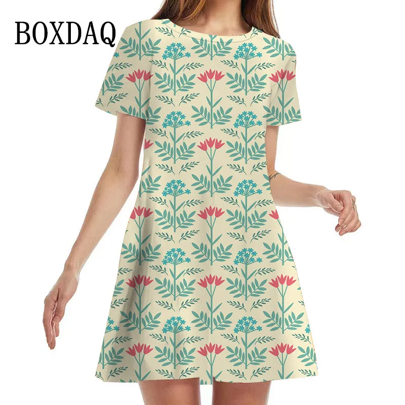 

Женское платье-трапеция с коротким рукавом, круглым вырезом и 3D-принтом