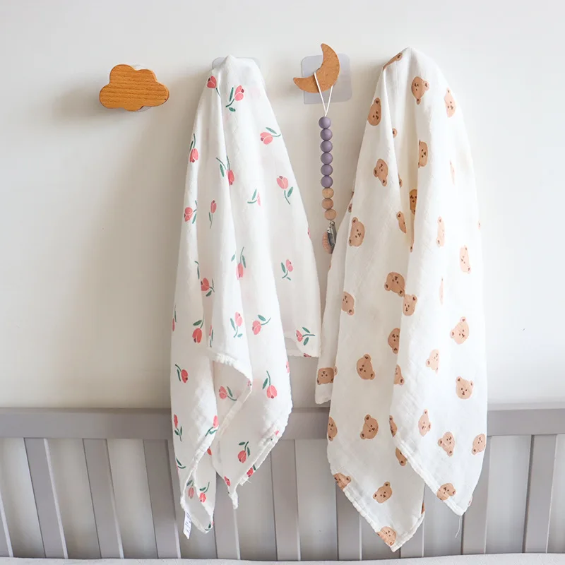 

2 Layers 120x120cm Newborn Baby Blankets Cotton Gauze Muslin Cute Print Swaddle Wraps Children Bedding Sleeping Accessory