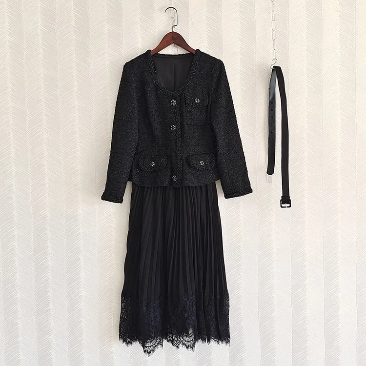 

Women's Dresses 2023 Pleated Spring Autumn New Fashion Women Beading Buttons Weaved Spliced Woman Trendy Sexy Chic Dress