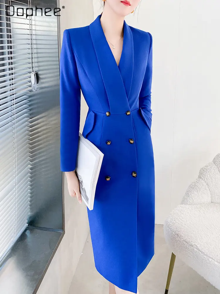 Woman Work Clothes 2023 Early Spring New Business Wear Blue Suit Dress Female elegant Slim Fit Mid Waist Package Hip Dresses