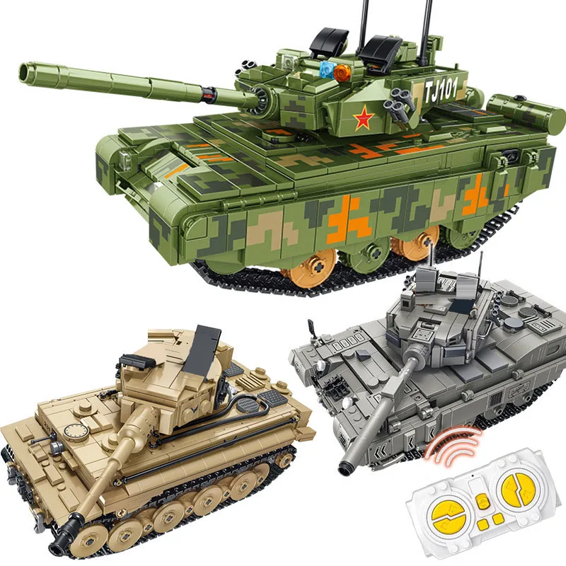 

Military WW2 RC Leopard Main Battle Tank Model Building Blocks Remote Control Army Tiger 99Type Tank With Soldier Bricks Kid Toy