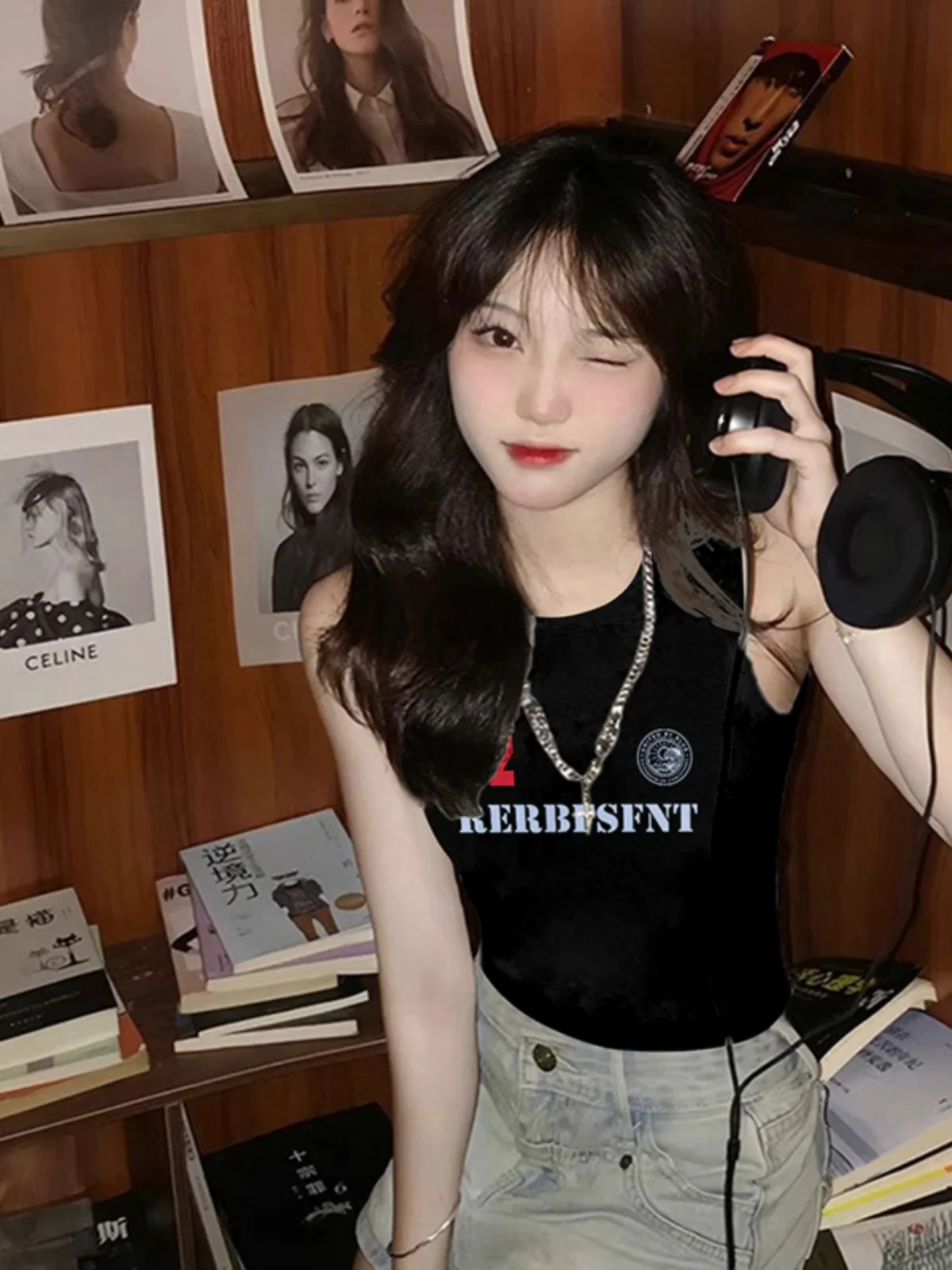 Женский короткий топ без рукавов Gyaru черный Уникальный Шикарный с завышенной