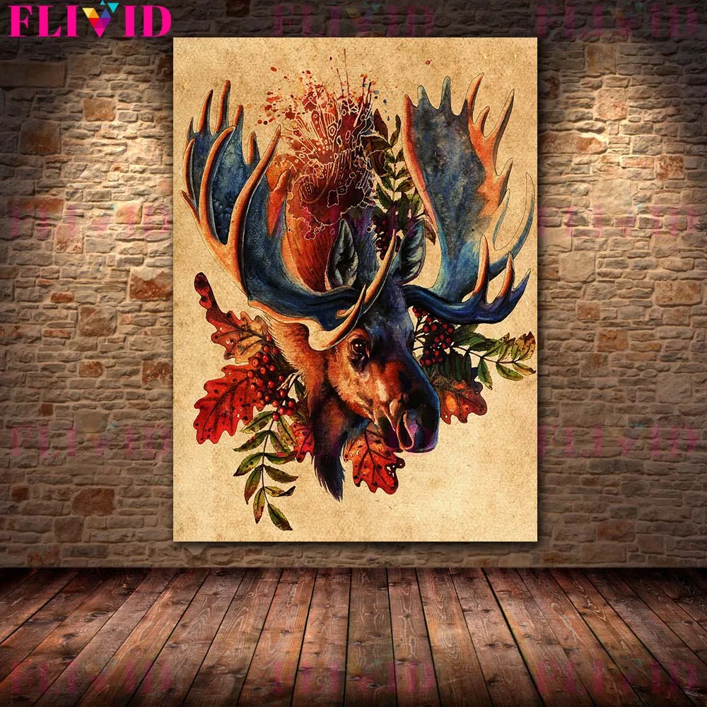 Винтажная Картина на холсте Сова и ворота времени ведьма волк мертвая кость