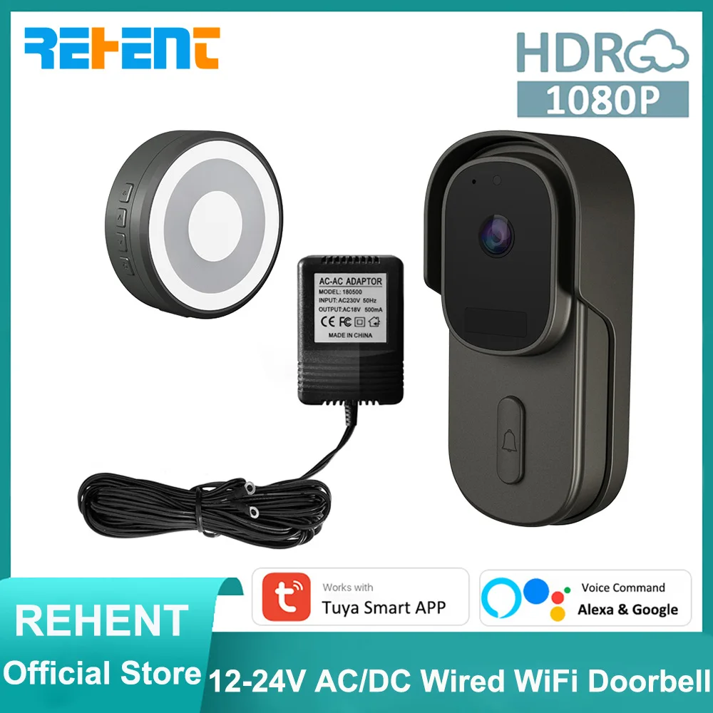 REHENT Tuya 12-24V AC/DC Wired Video Doorbell Camera 1080P 170° View Angle Battery Audio Alexa Google Door Bell Smart Life APP