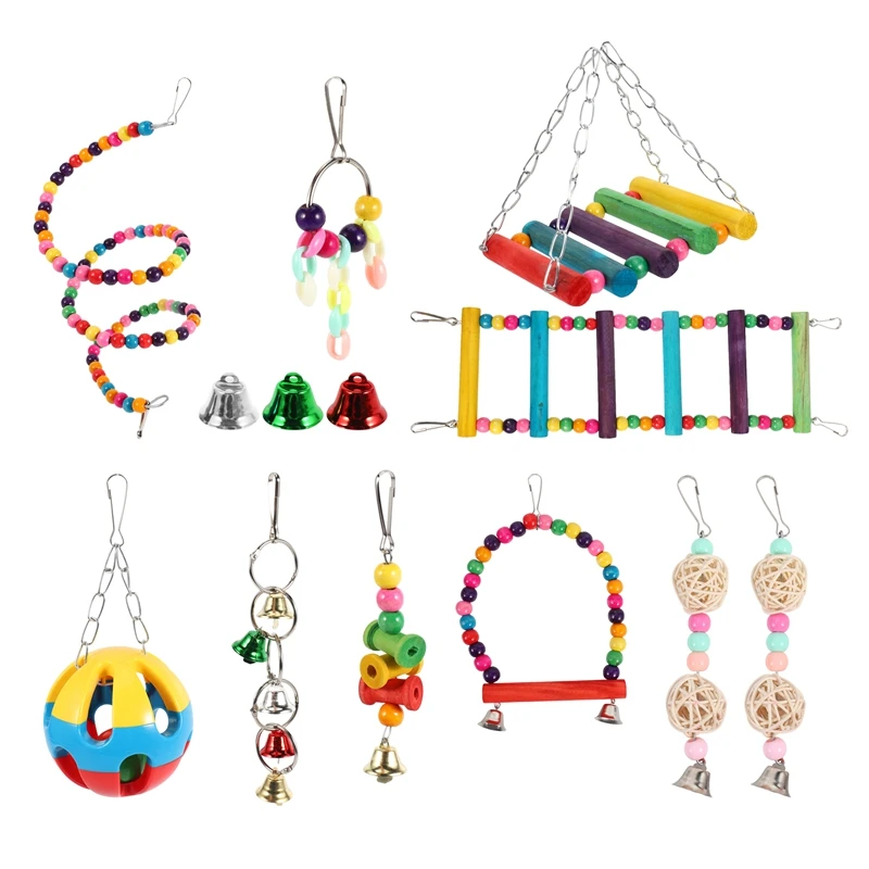 

10 Pack Bird Cage Toys for Parrots Reliable Chewable Swing Hanging Chewing Bite Bridge Wooden Beads Ball Bell Toys