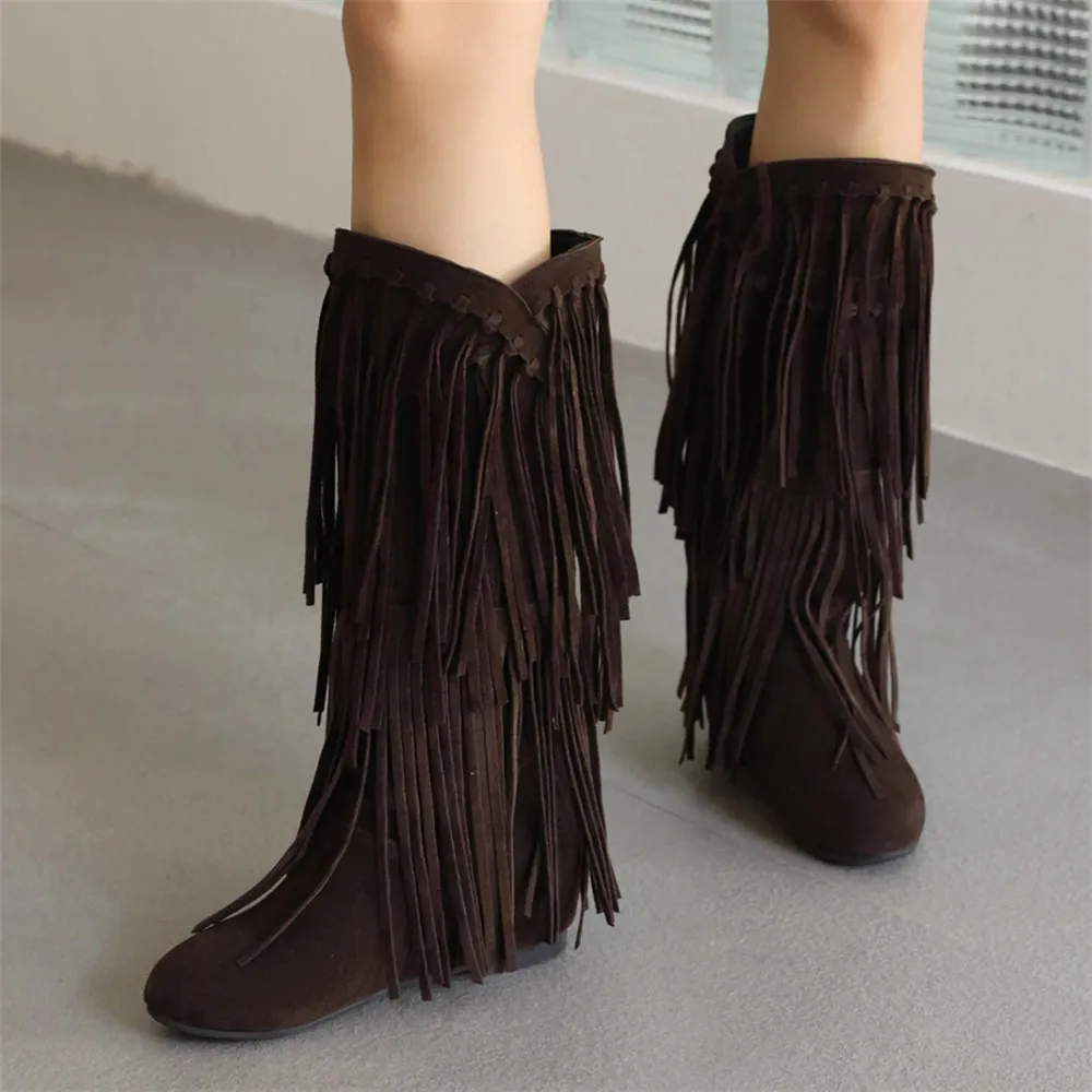 2023 Fashion Ethnic Woman Bohemian Flock Tassle Hidden Moccasin Mid-Calf Boots Fringe Female Slip On Shoes Autumn Winter New