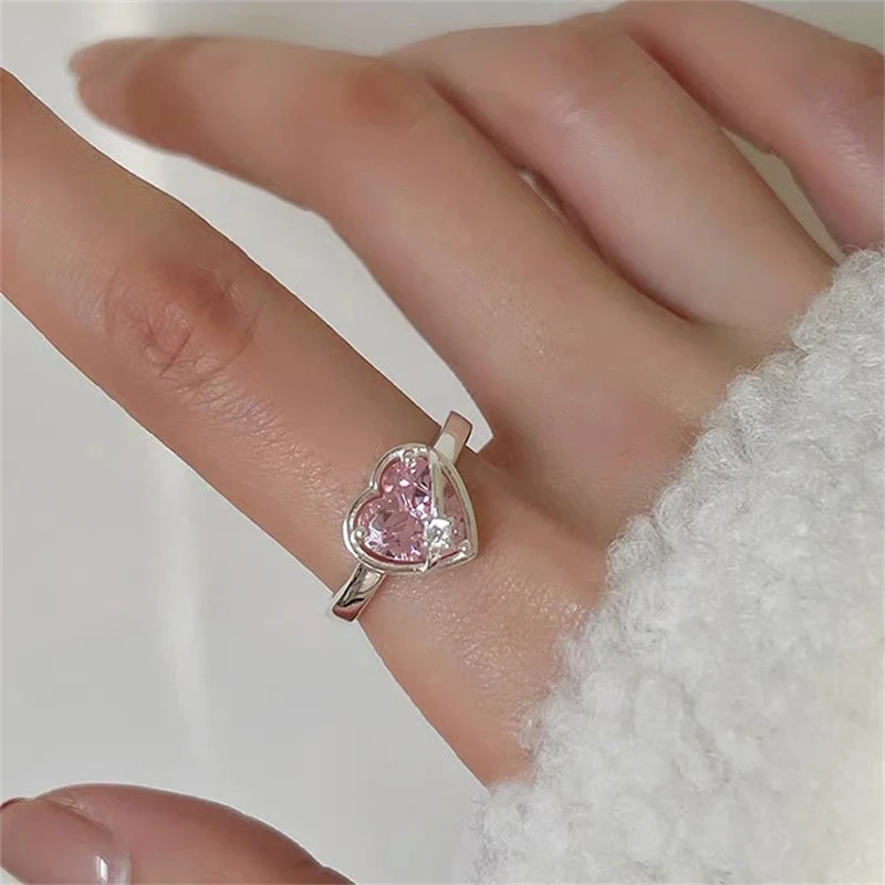 2022 Kpop Goth Luxury Vintage Эстетические розовые драгоценные камни LOVE Heart Открытое кольцо