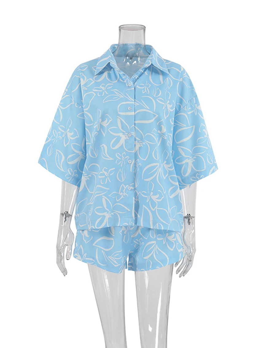 Marthaqiqi Printing Pajamas For Women Turn-Down Collar Sleepwear Long Sleeve Nightwear Elastic Waist Shorts Casual Nightie Set